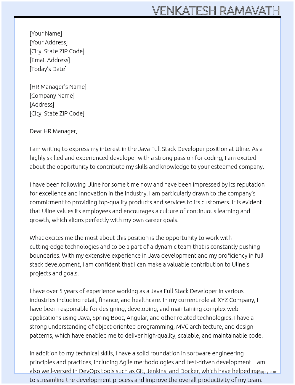 java full stack developer At Uline Cover Letter