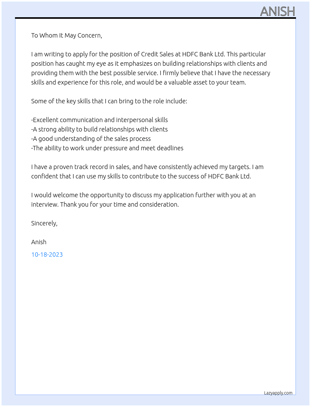 Credit Sales  At HDFC Bank Ltd Cover Letter