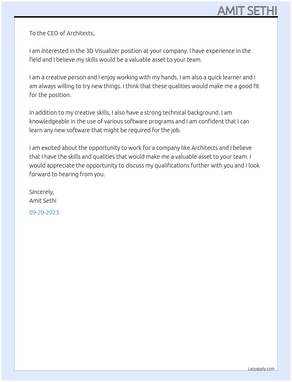 3D Visualizer At architects Cover Letter