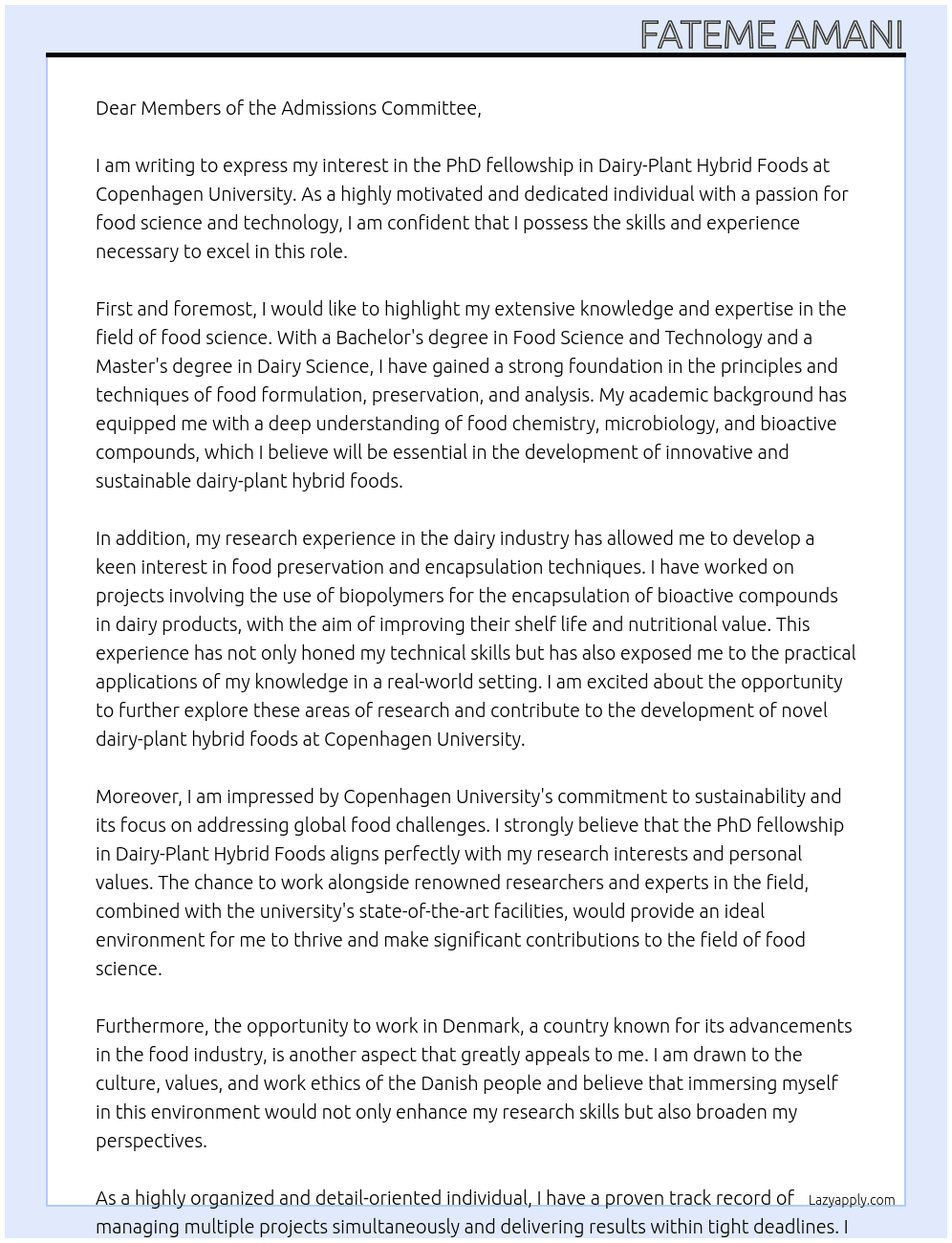 PhD fellowship in Dairy-Plant Hybrid Foods At Copenhagen University  Cover Letter