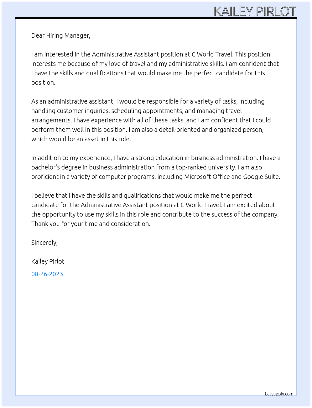 Administrative Assistant At C WORLD TRAVEL Cover Letter