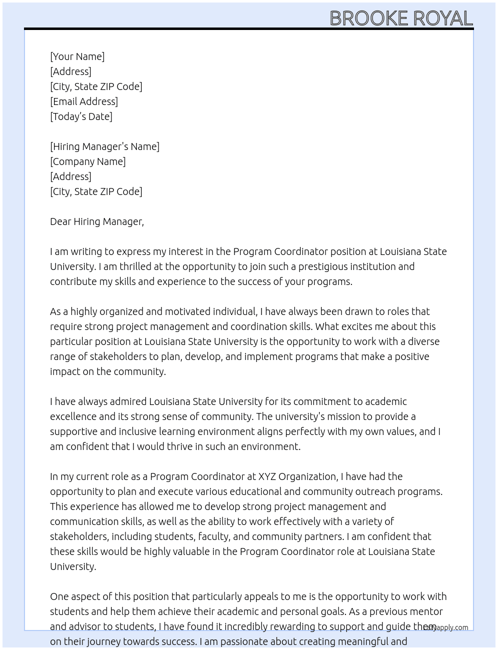 Program Coordinator At Louisiana State University  Cover Letter