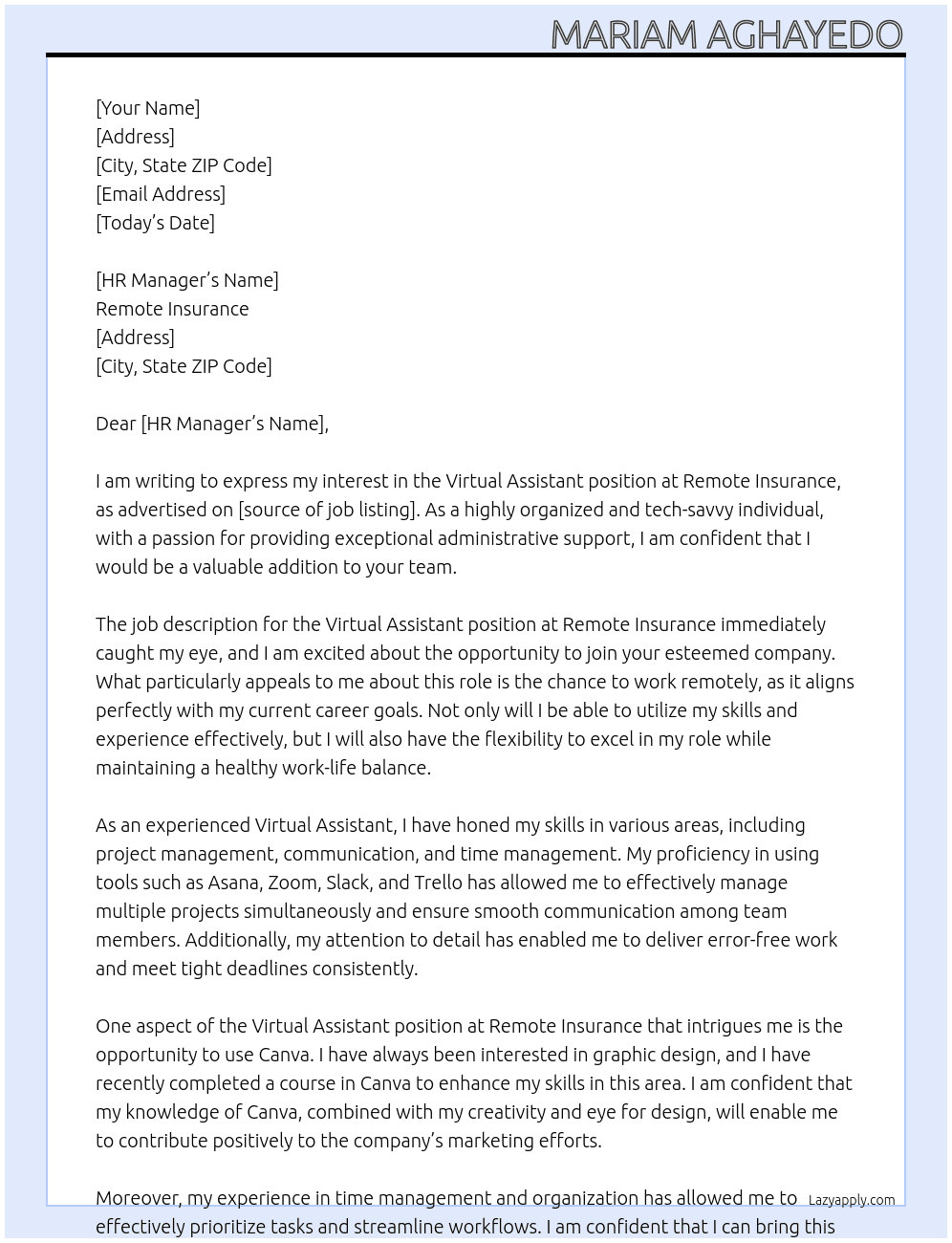 Virtual assistant At remote insurance Cover Letter