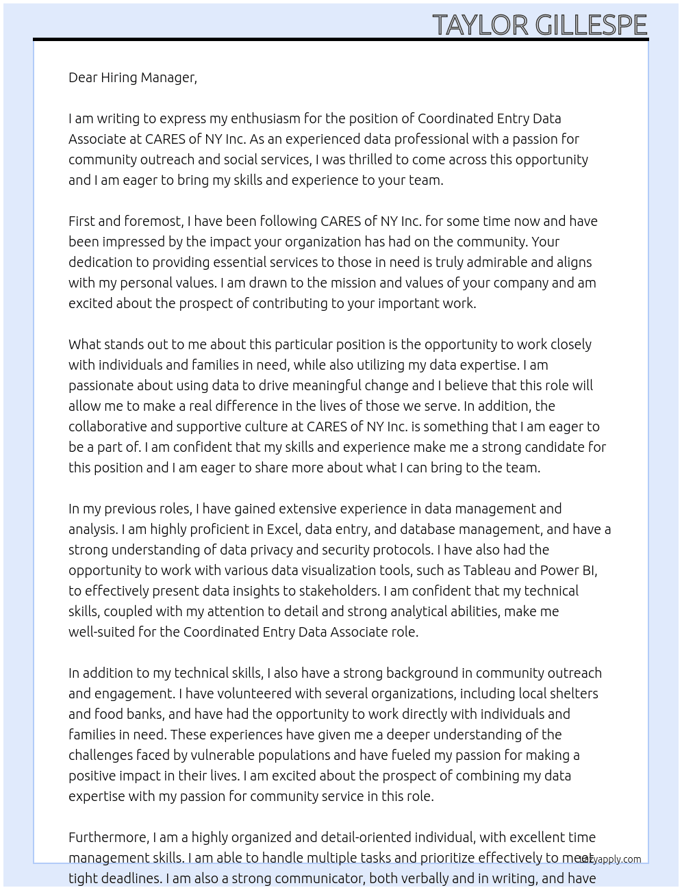 Cover letter for coordinated entry data associate - LazyApply