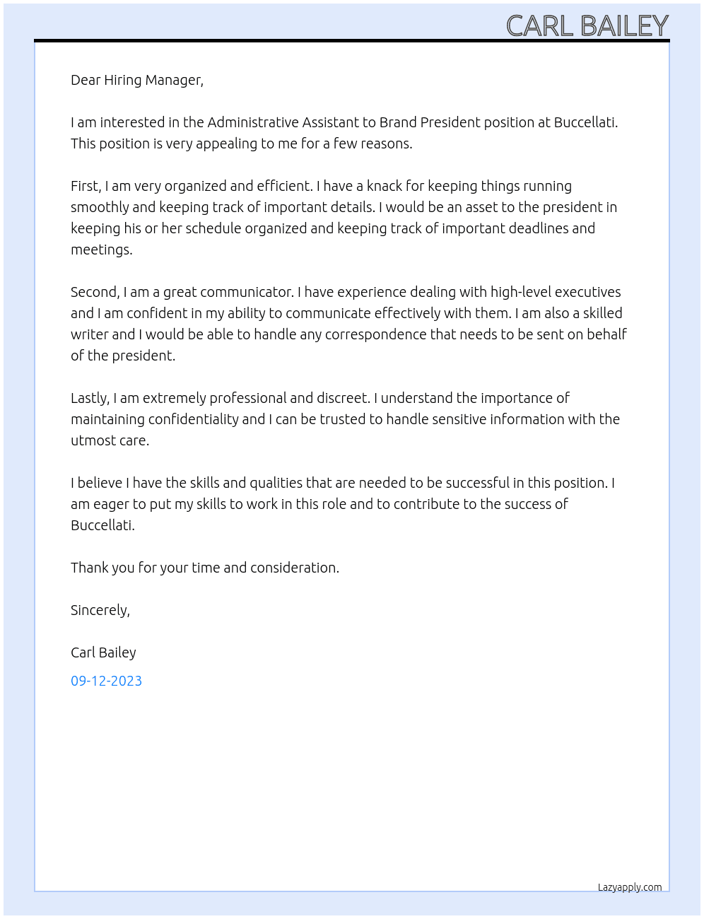 Administrative Assistant to Brand President  At Buccellati  Cover Letter