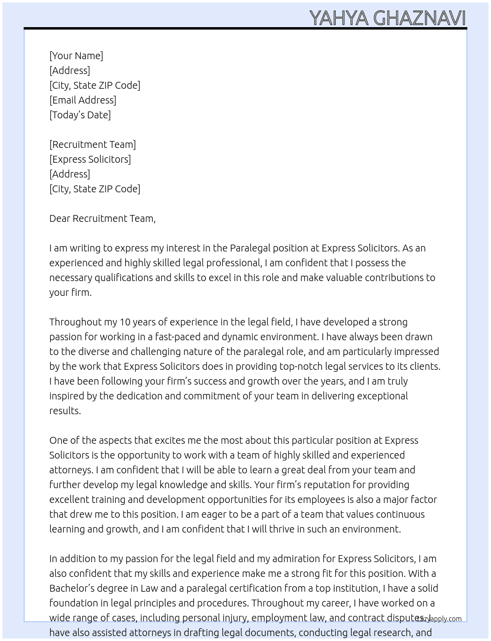 Paralegal At express solicitors Cover Letter