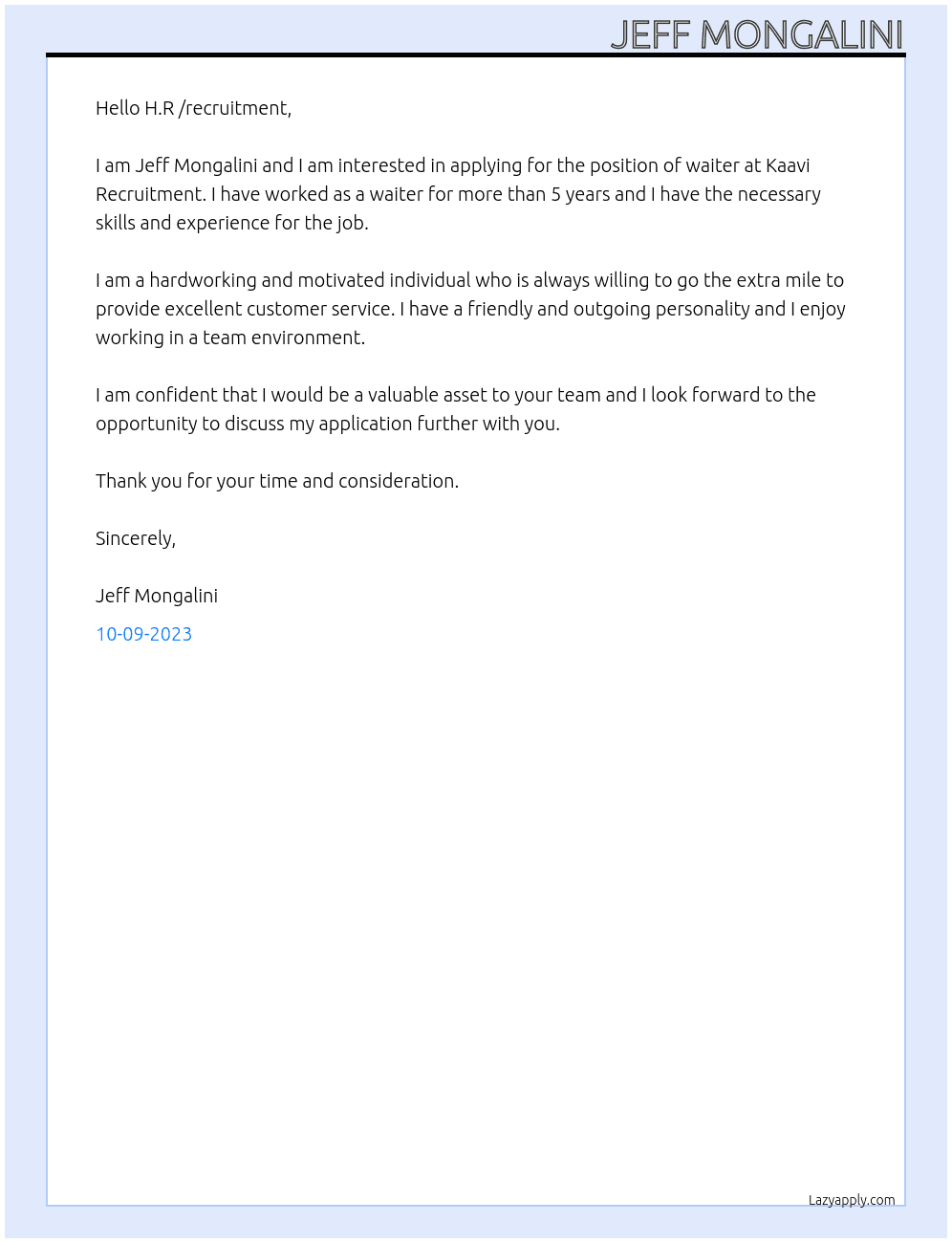 waiter At kaavi  recruitment Cover Letter
