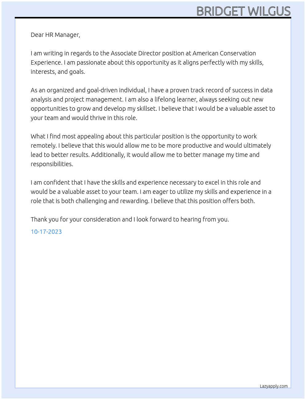 Associate Director  At American Conservation Experience Cover Letter