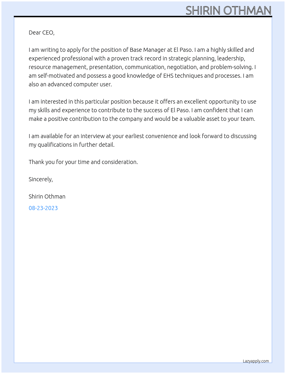 Base Manager At El Paso Cover Letter