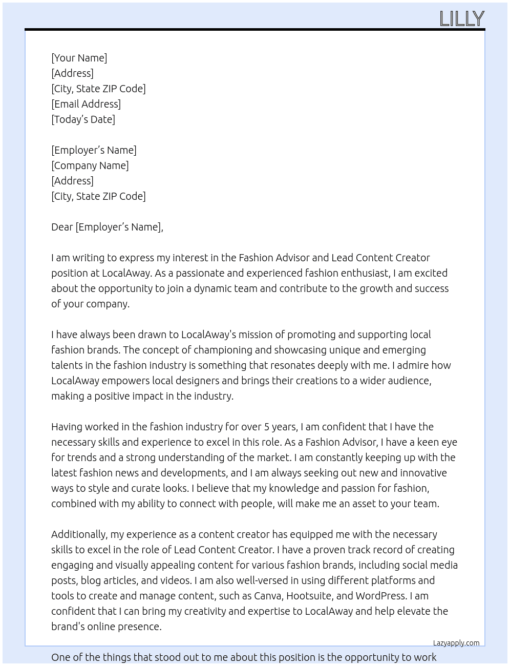 Apply to Fashion Advisor and Lead Content Creator At LocalAway Cover Letter