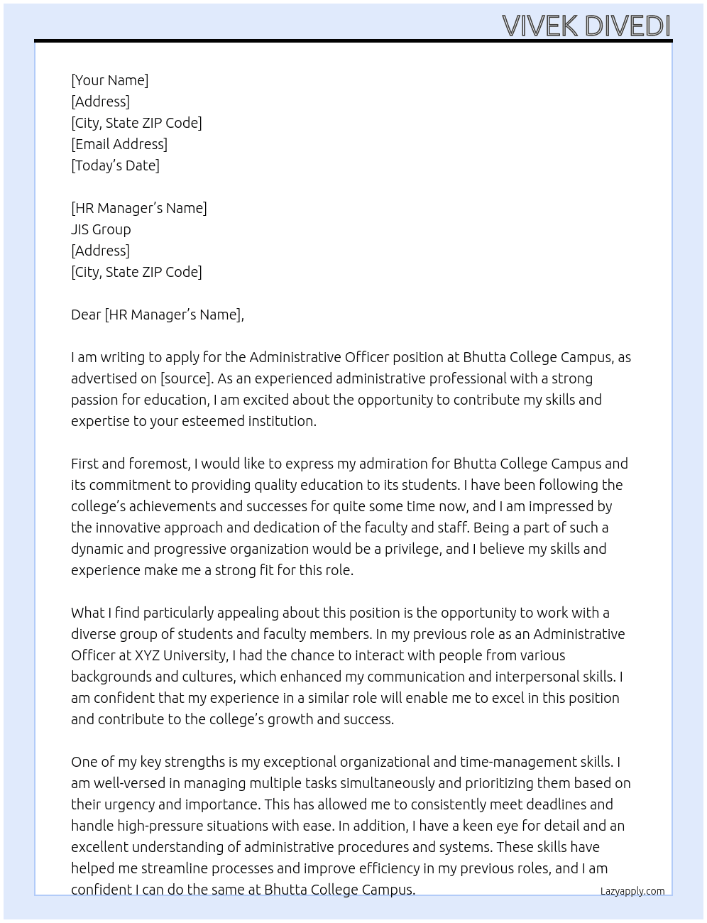 Administrative Officer At Bhutta College Campus Cover Letter