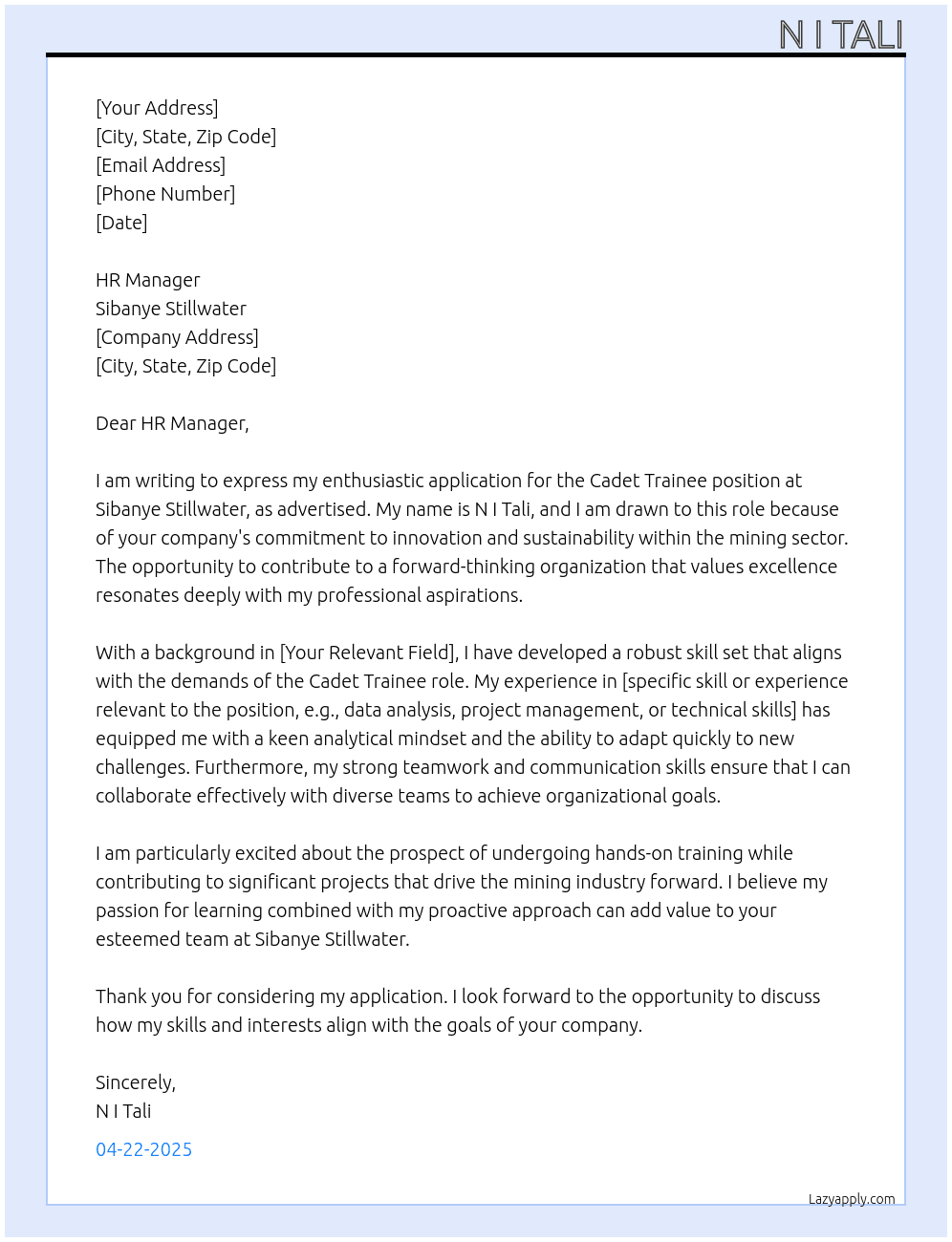 Cover letter for cadet trainee - LazyApply