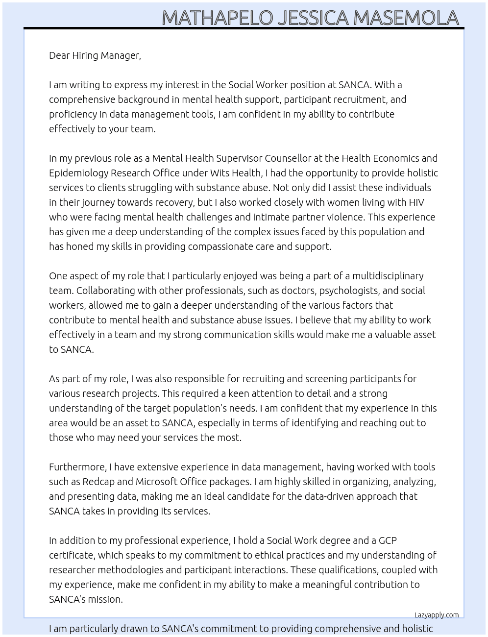 SOCIAL WORKER  At SANCA Cover Letter