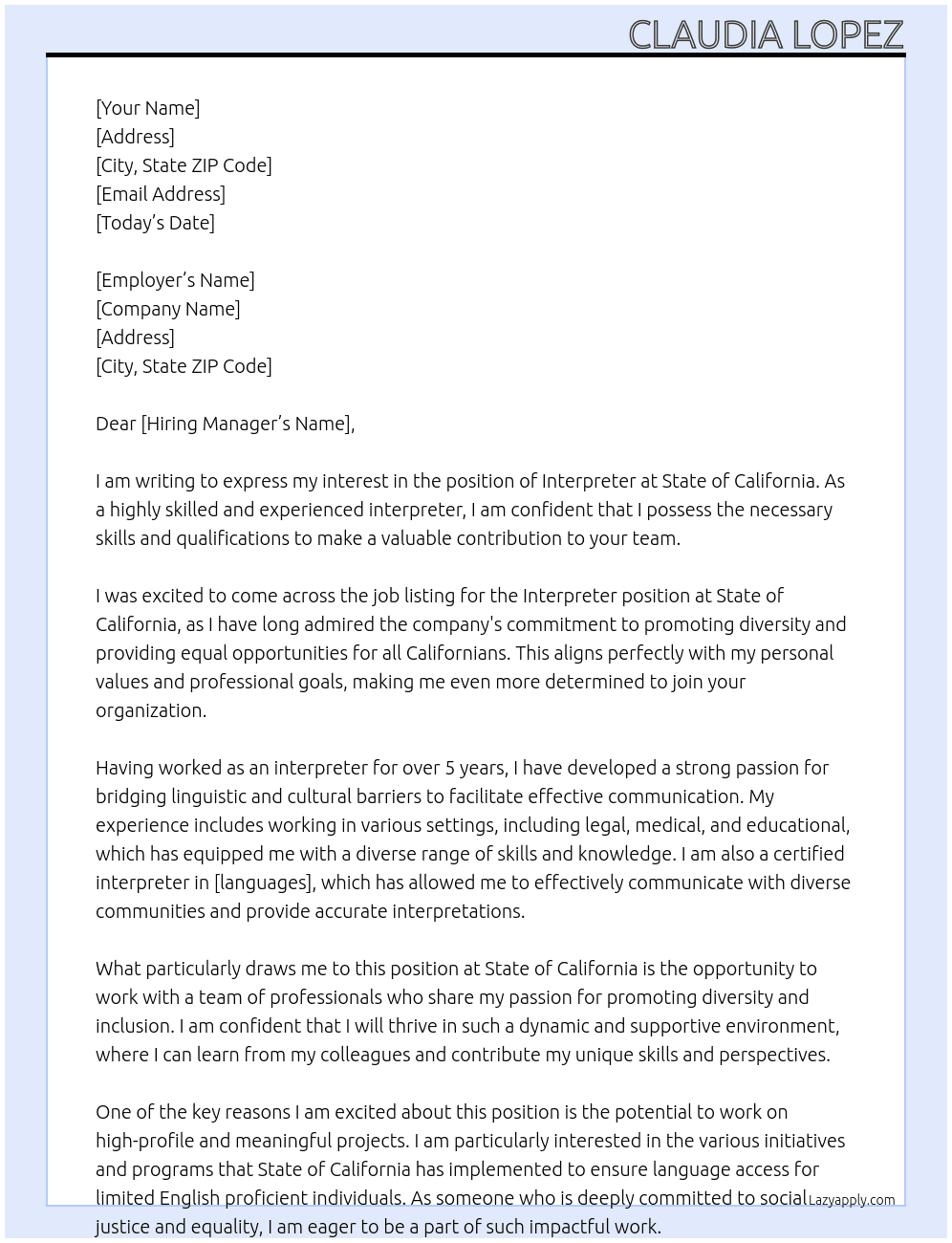 interpreter At State Of California  Cover Letter