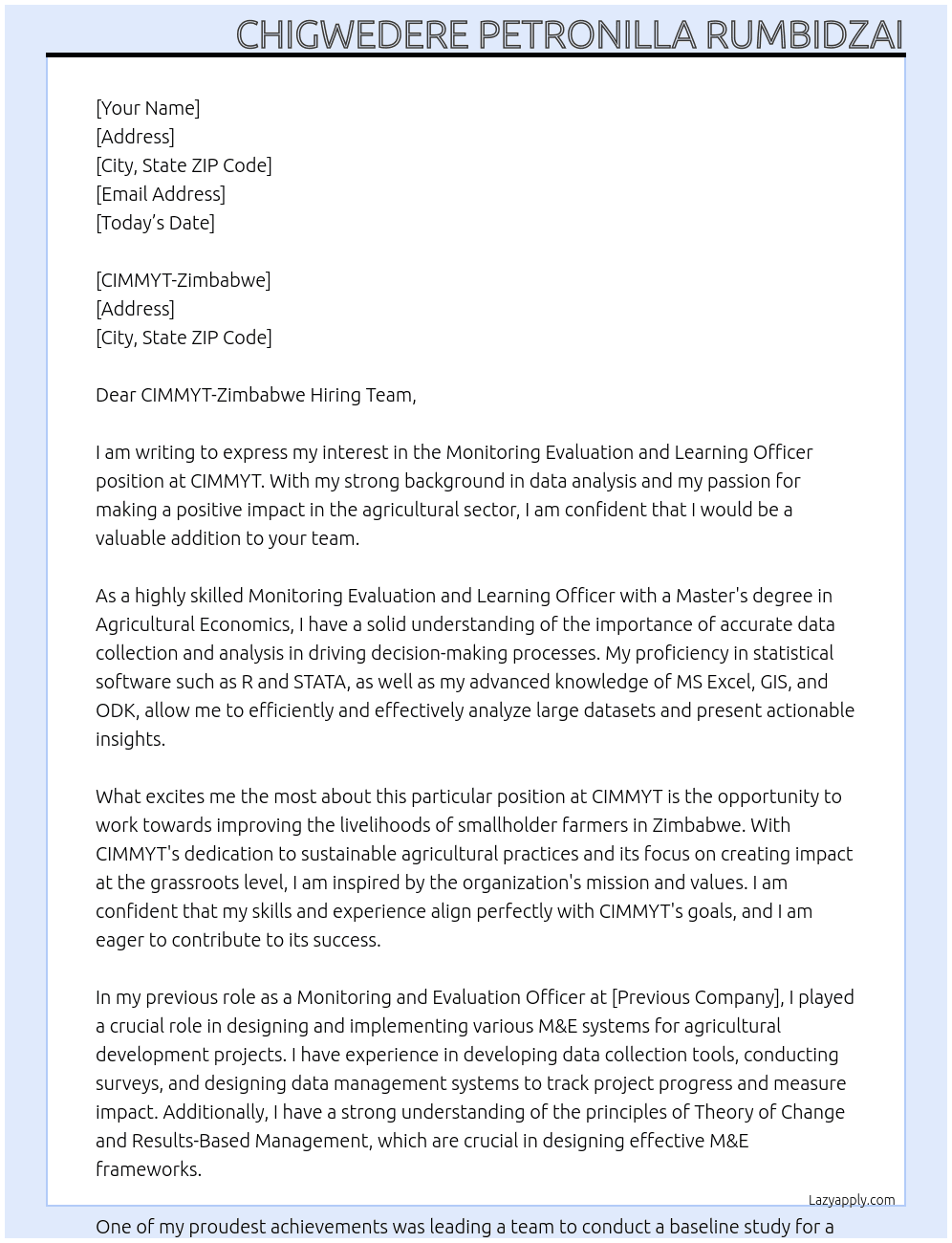 Monitoring Evaluation and Learning Officer At CIMMYT Cover Letter