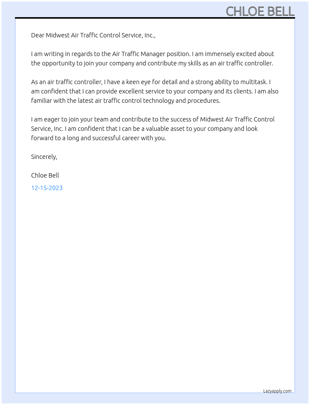 Air traffic controller At Midwest Air Traffic Control Service, Inc. Cover Letter