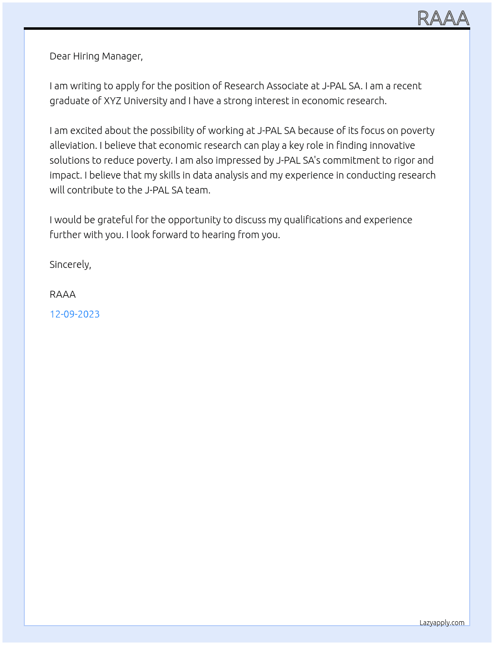 Research Associate At J-PAL SA Cover Letter