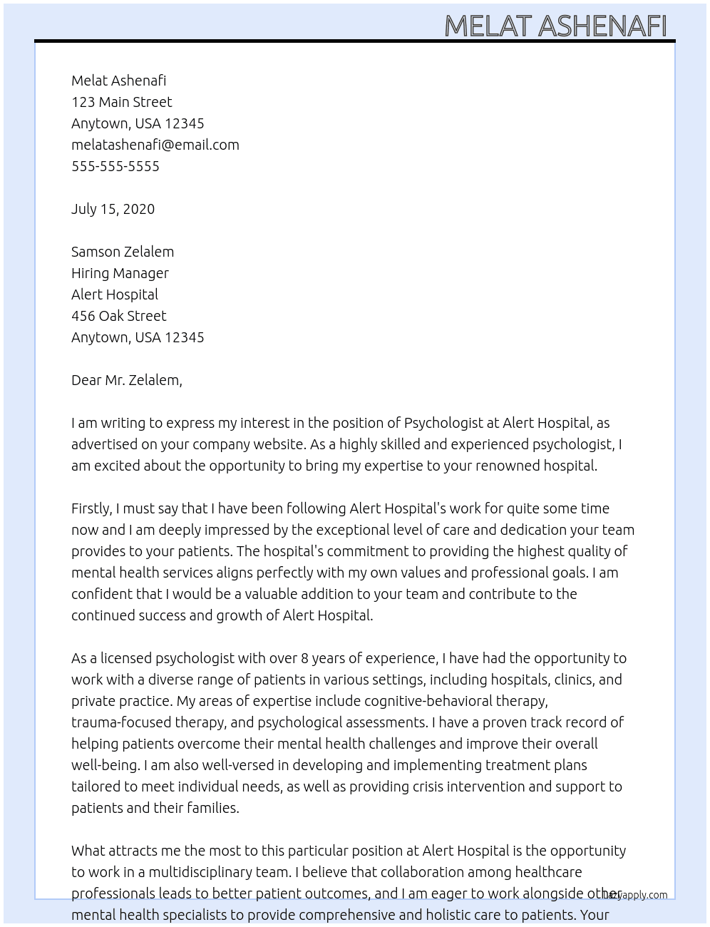 Psychologist  At Alert hospital  Cover Letter