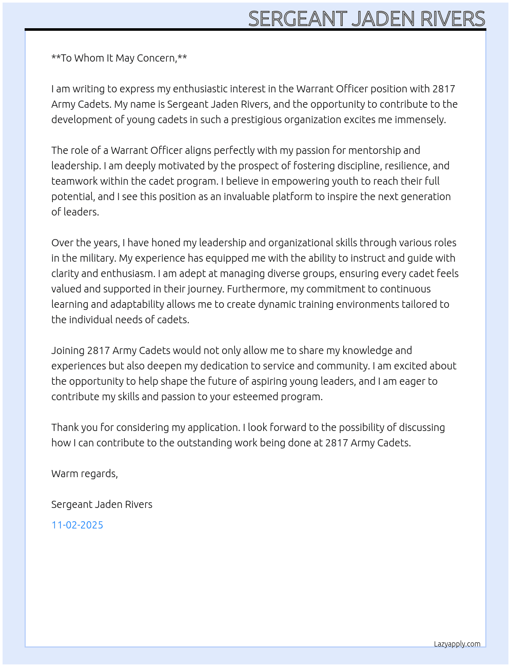 Warrant Officer At 2817 Army Cadets Cover Letter
