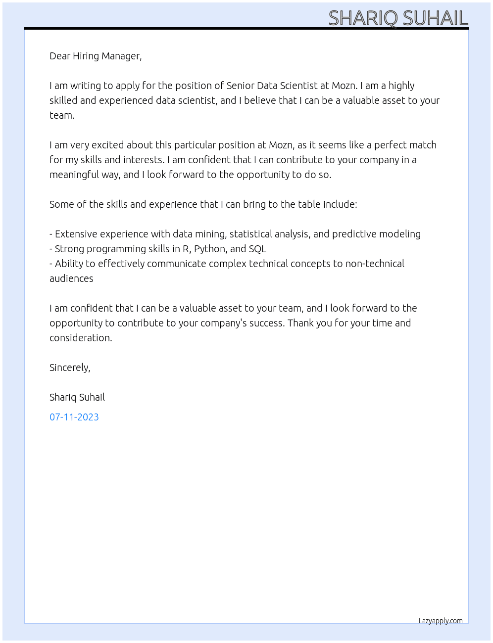 Senior Data Scientist At Mozn Cover Letter