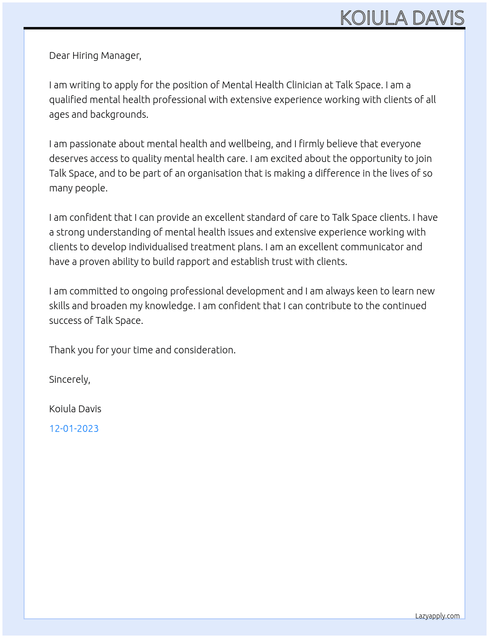 Mental Health Clinician At Talk Space Cover Letter