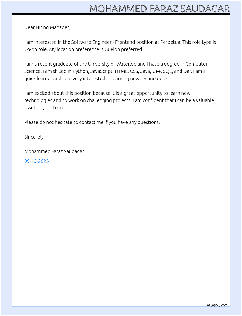 Software Engineer - Frontend At Perpetua Cover Letter