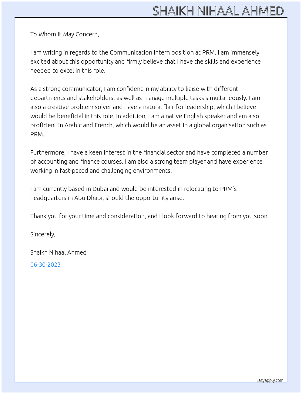 Communication intern  At PRM  Cover Letter