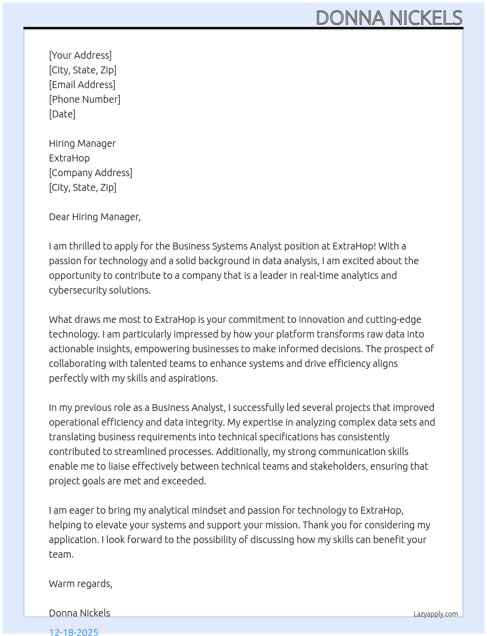 Business Systems Analyst At ExtraHop Cover Letter