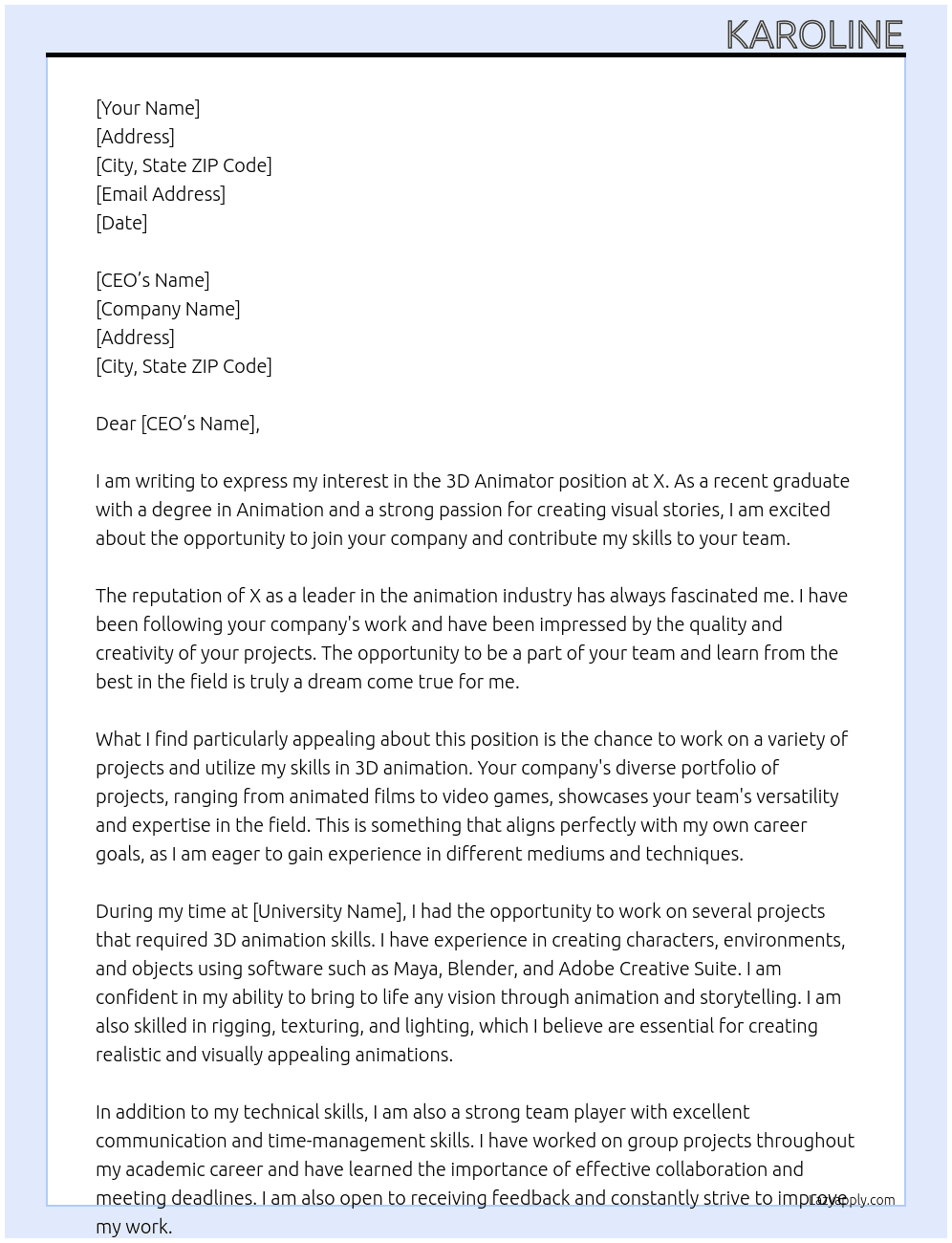 3D animator At X Cover Letter