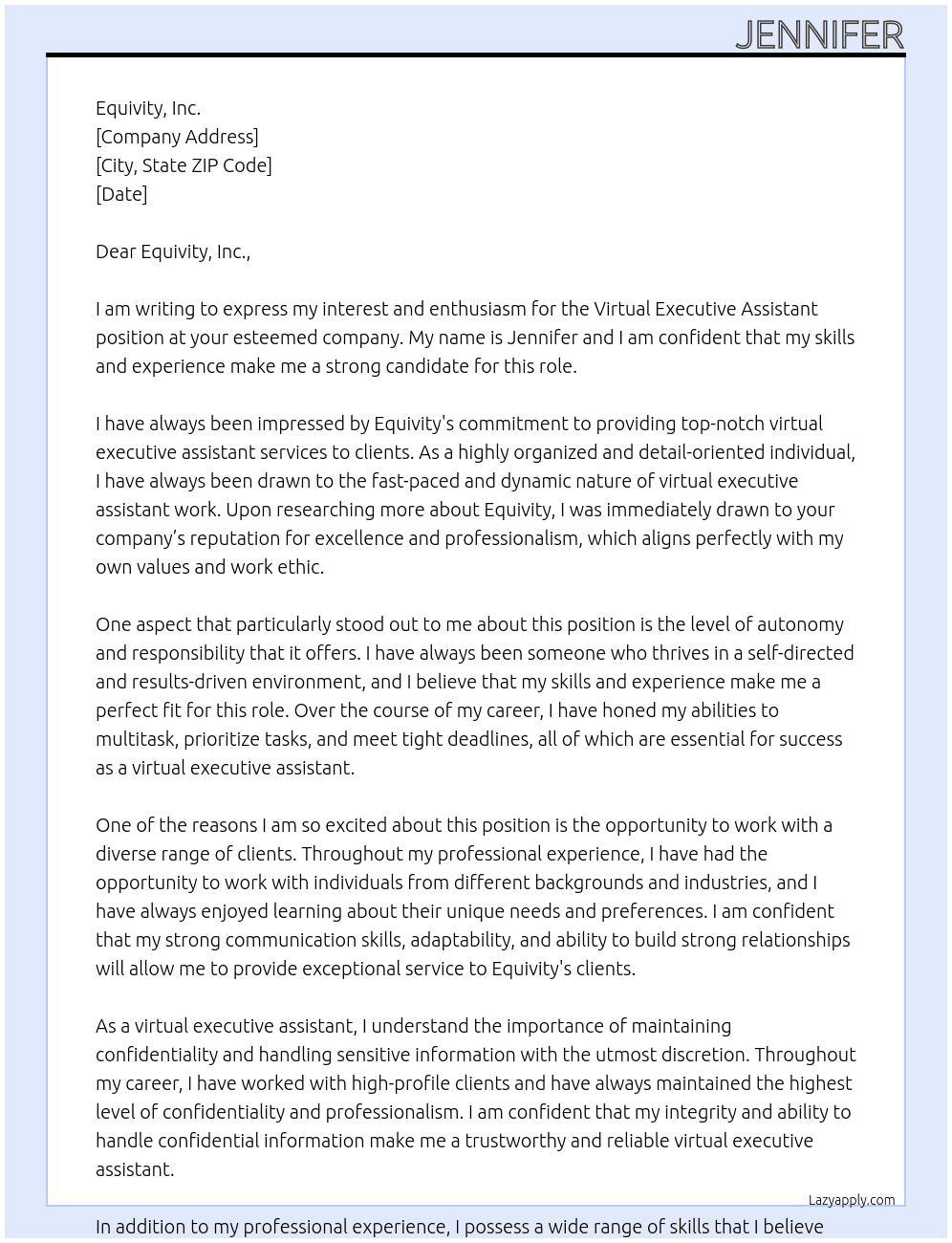 Virtual Executive Assistant At Equivity, Inc. Cover Letter