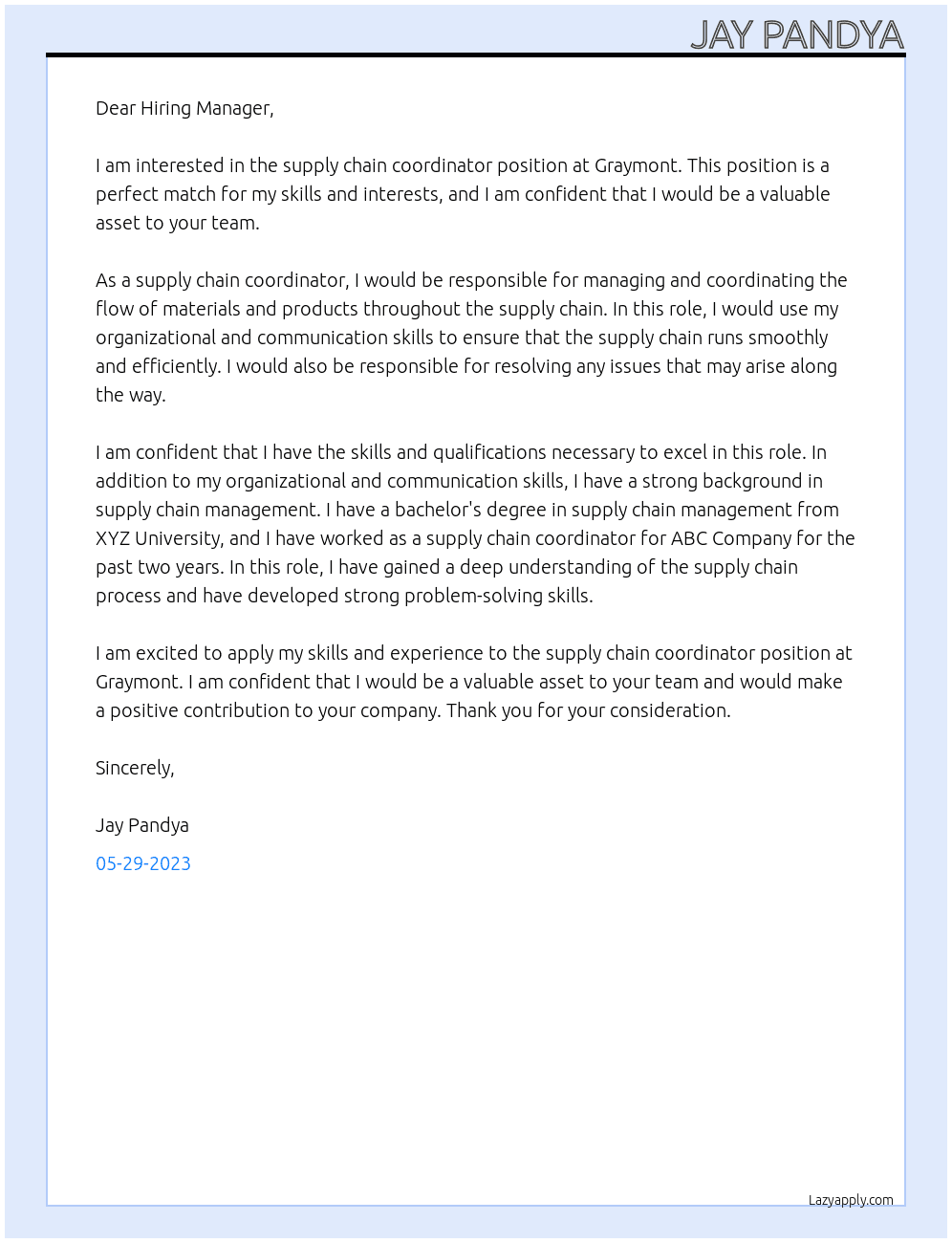 Supply chain coordinator At Graymont Cover Letter
