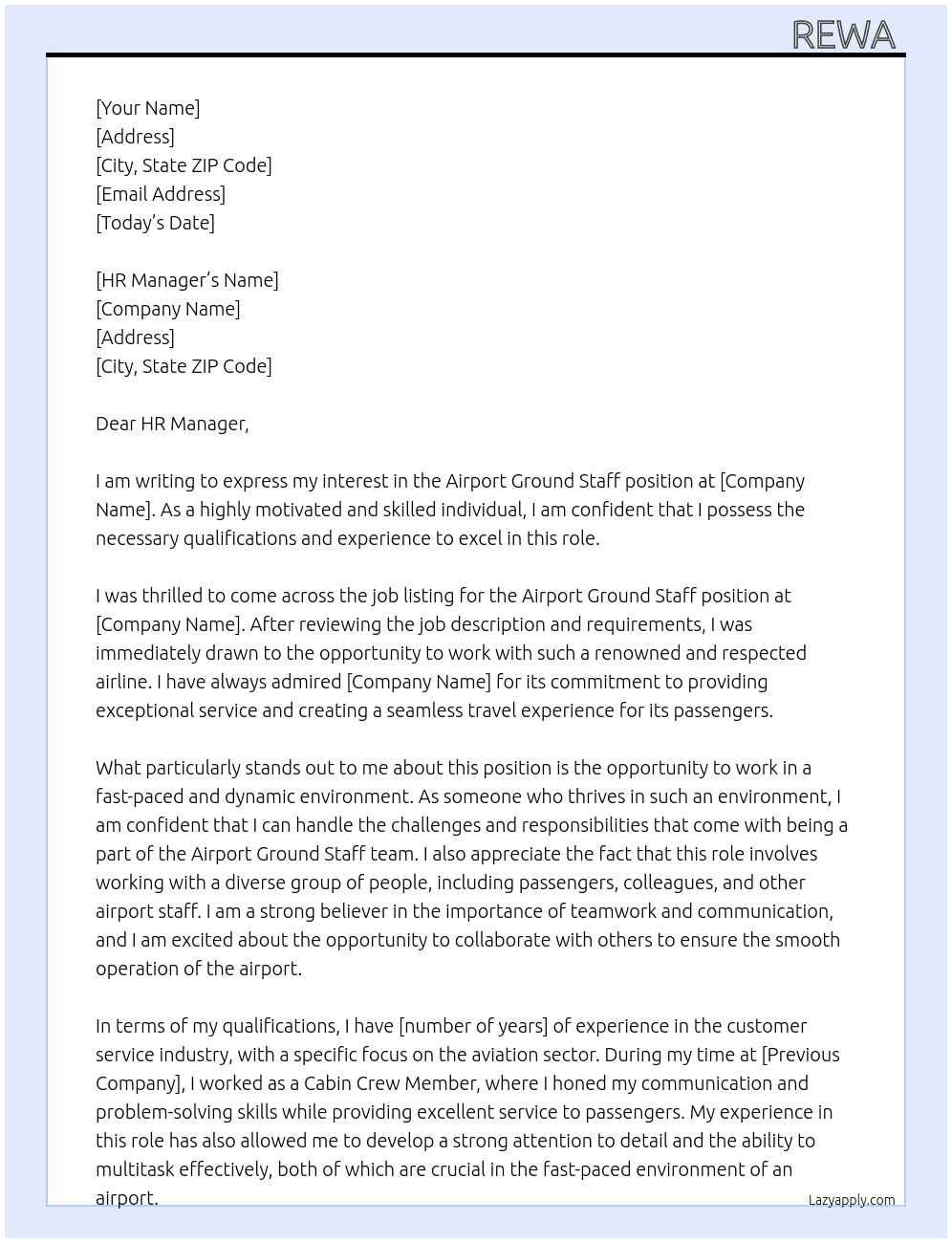 AIRPORT GROUND STAFF  At AIRLINES Cover Letter