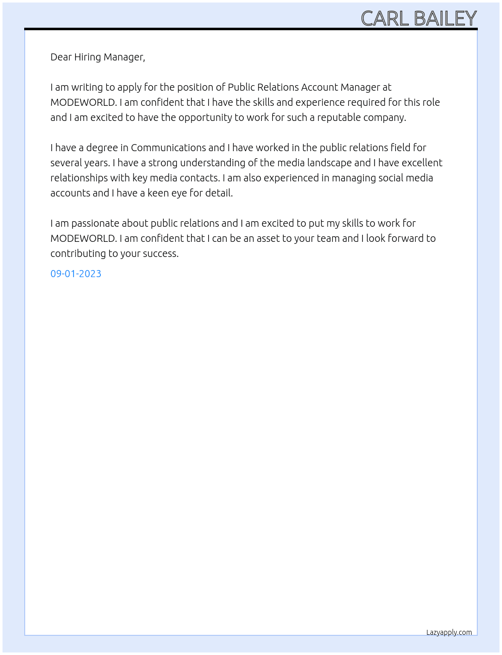 Public Relations Account Manager At MODEWORLD Cover Letter