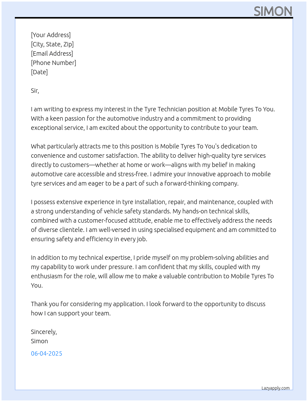 tyre technitian At Mobile tyres to you Cover Letter