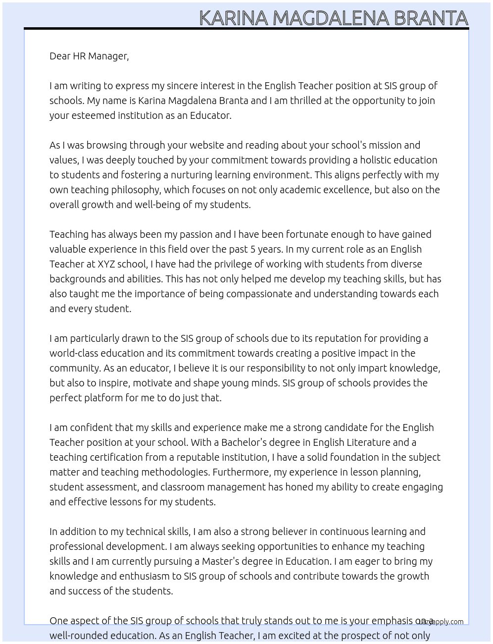 English Teacher At SIS group of schools Cover Letter