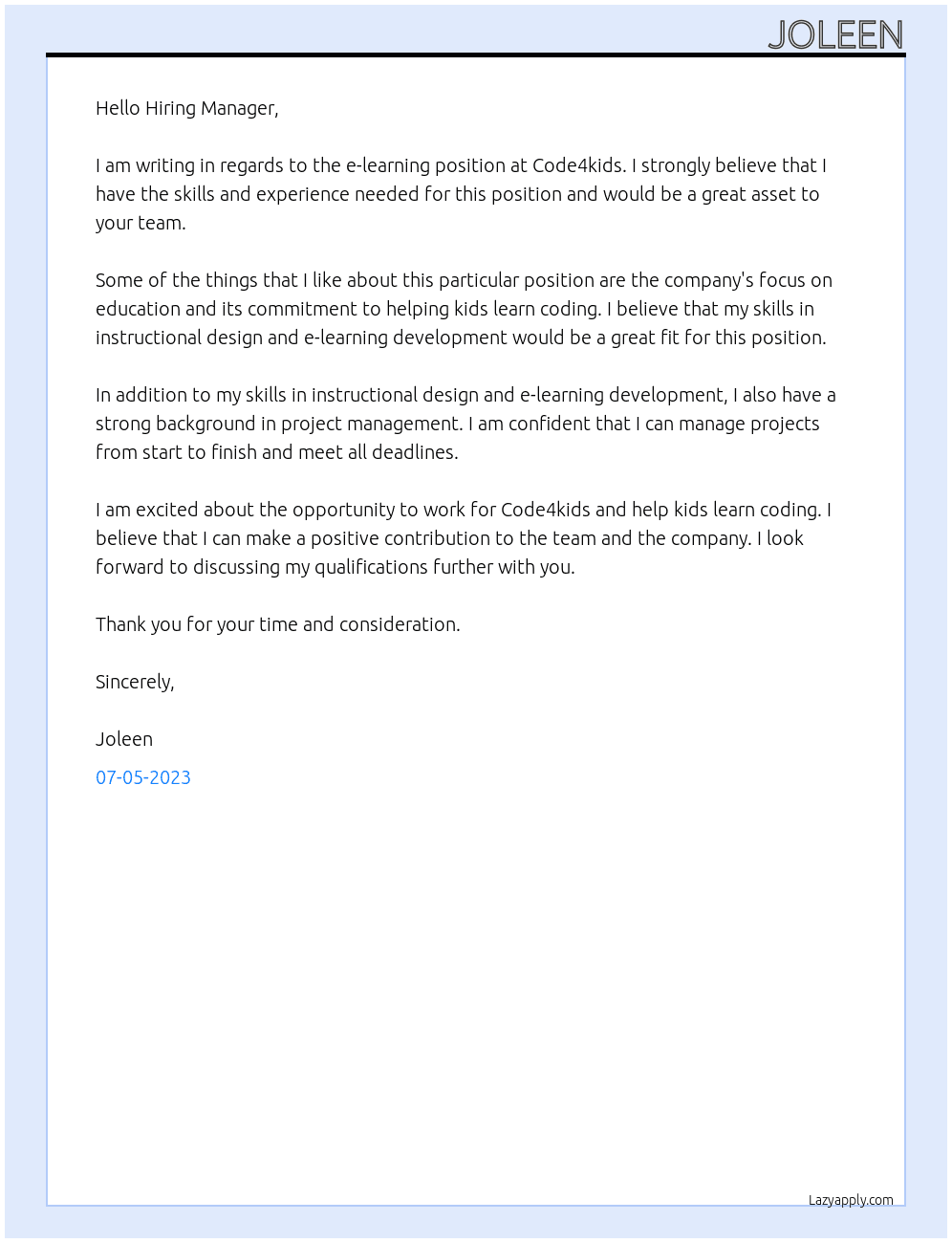 E-learning At Code4kids Cover Letter