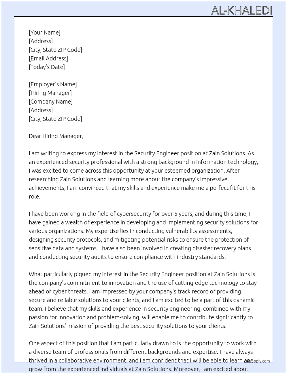 Security Engineer At Zain Solutions Cover Letter
