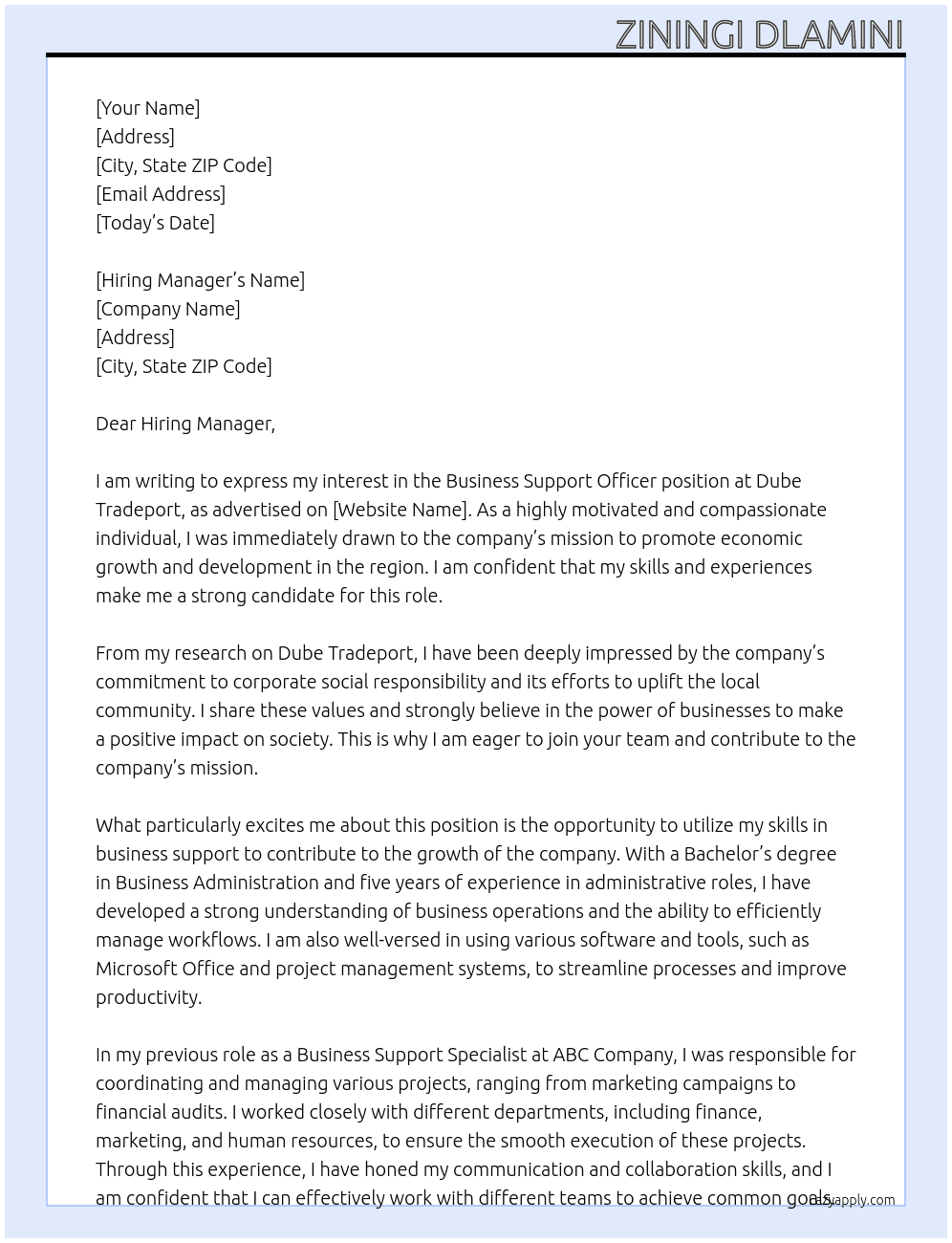 Business support officer At Dube Tradeport Cover Letter