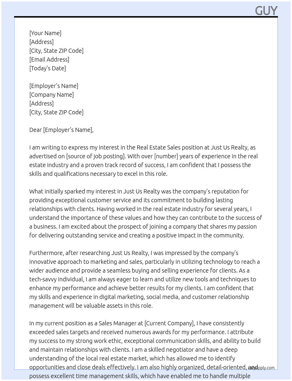 Real Estate Sales At Just Us Realty Cover Letter