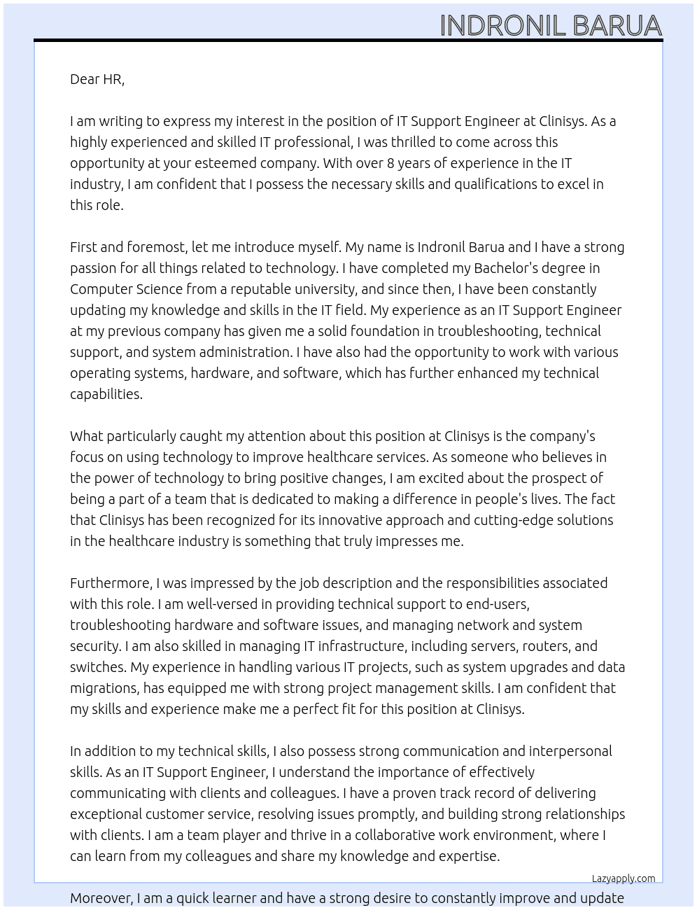 IT Support Engineer At clinisys Cover Letter