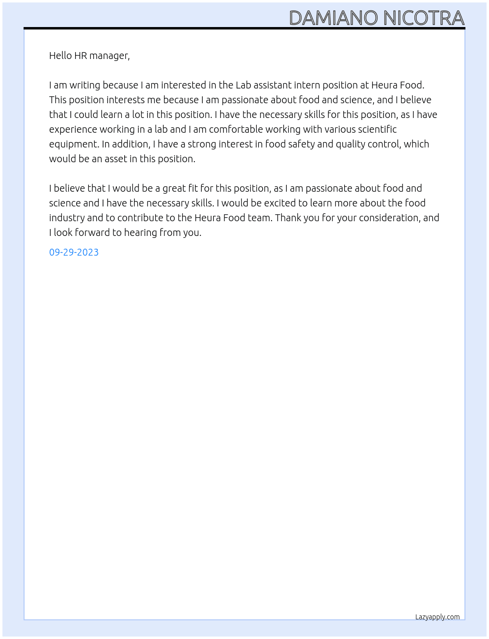Lab assistant intern  At Heura Food Cover Letter