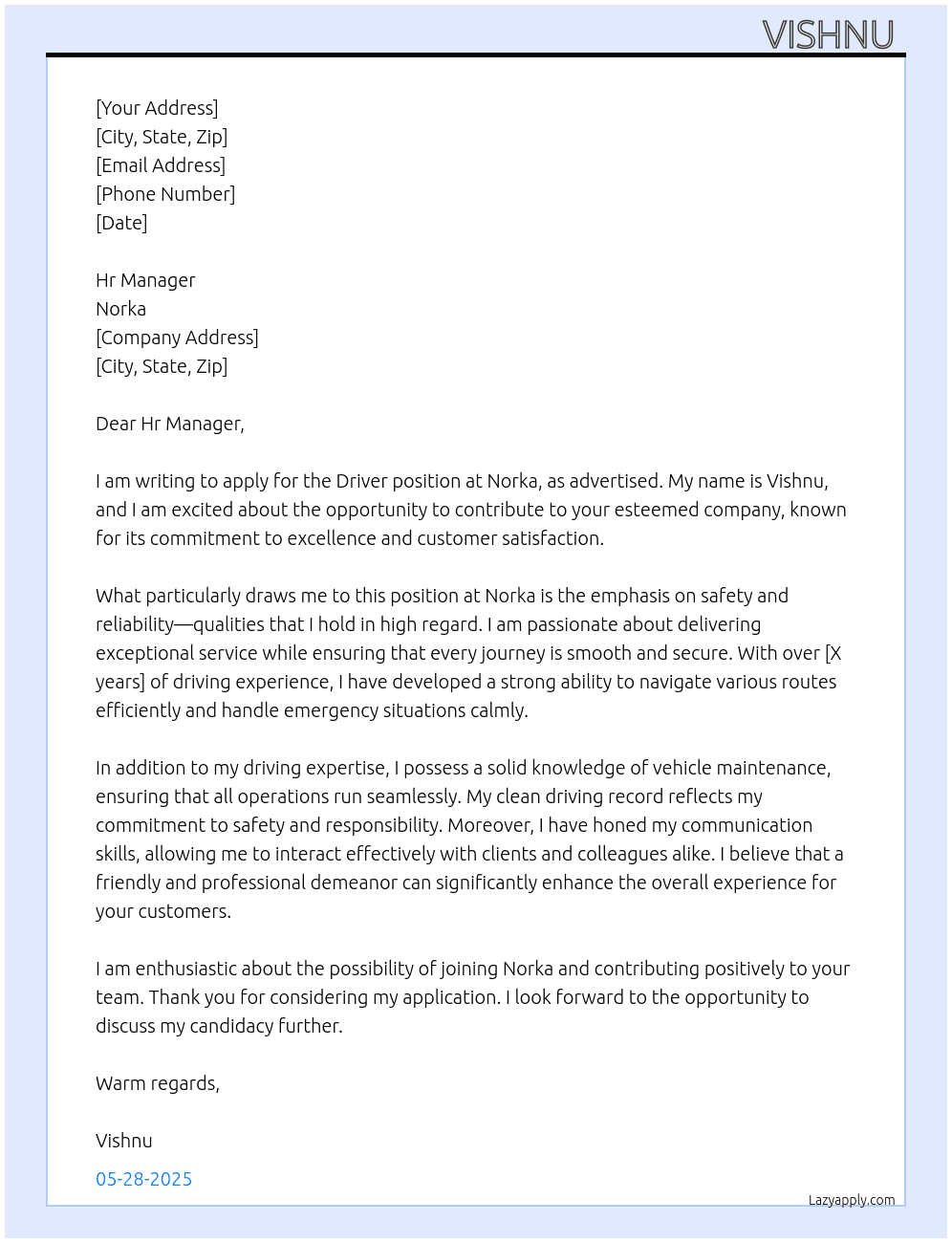 Driver At Norka Cover Letter