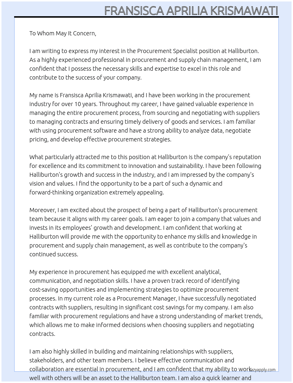 Procurement Specialist At Halliburton Cover Letter