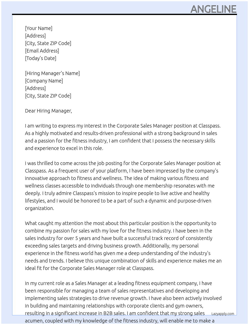 Corporate Sales Manager At Classpass Cover Letter
