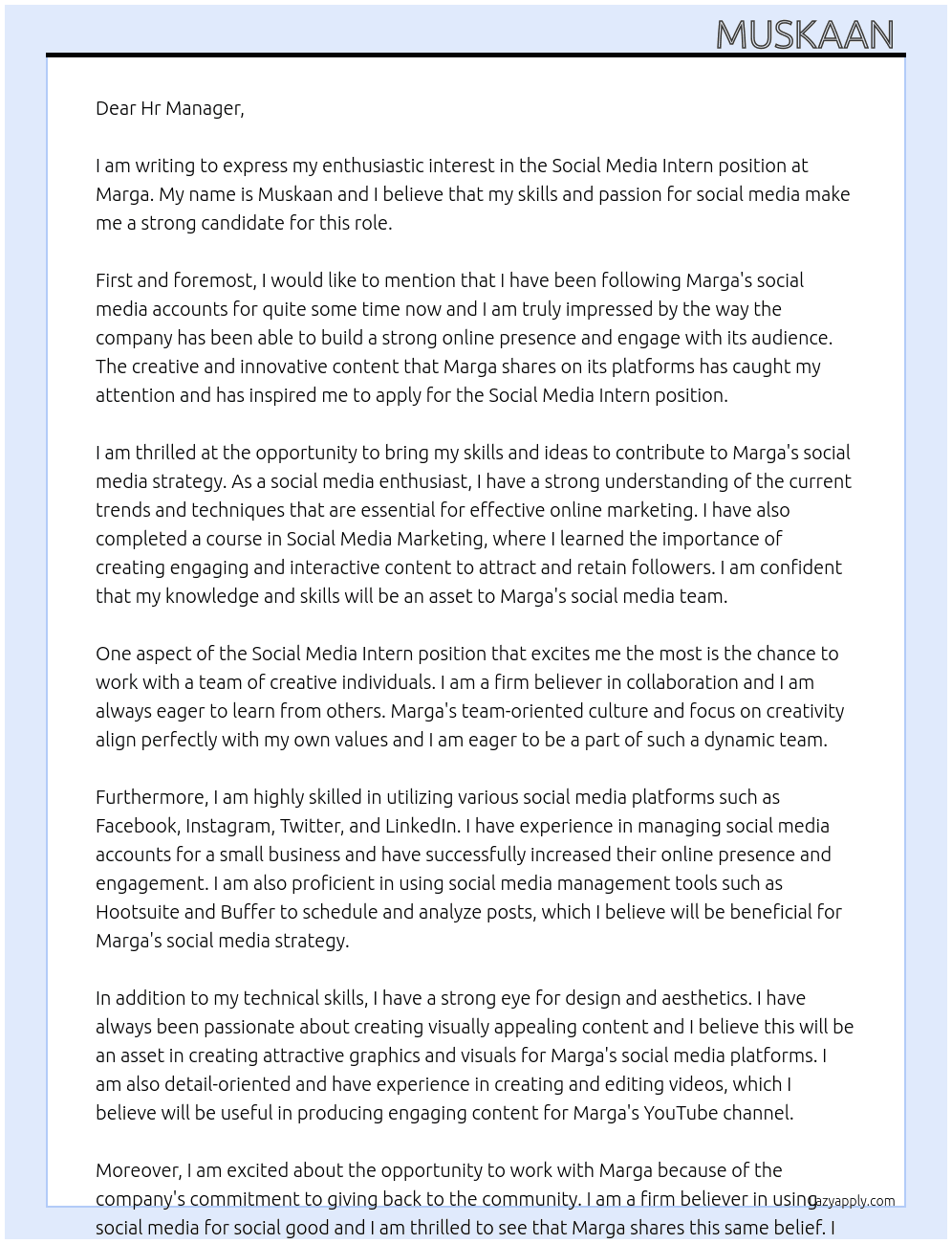 Social media intern At Marga Cover Letter