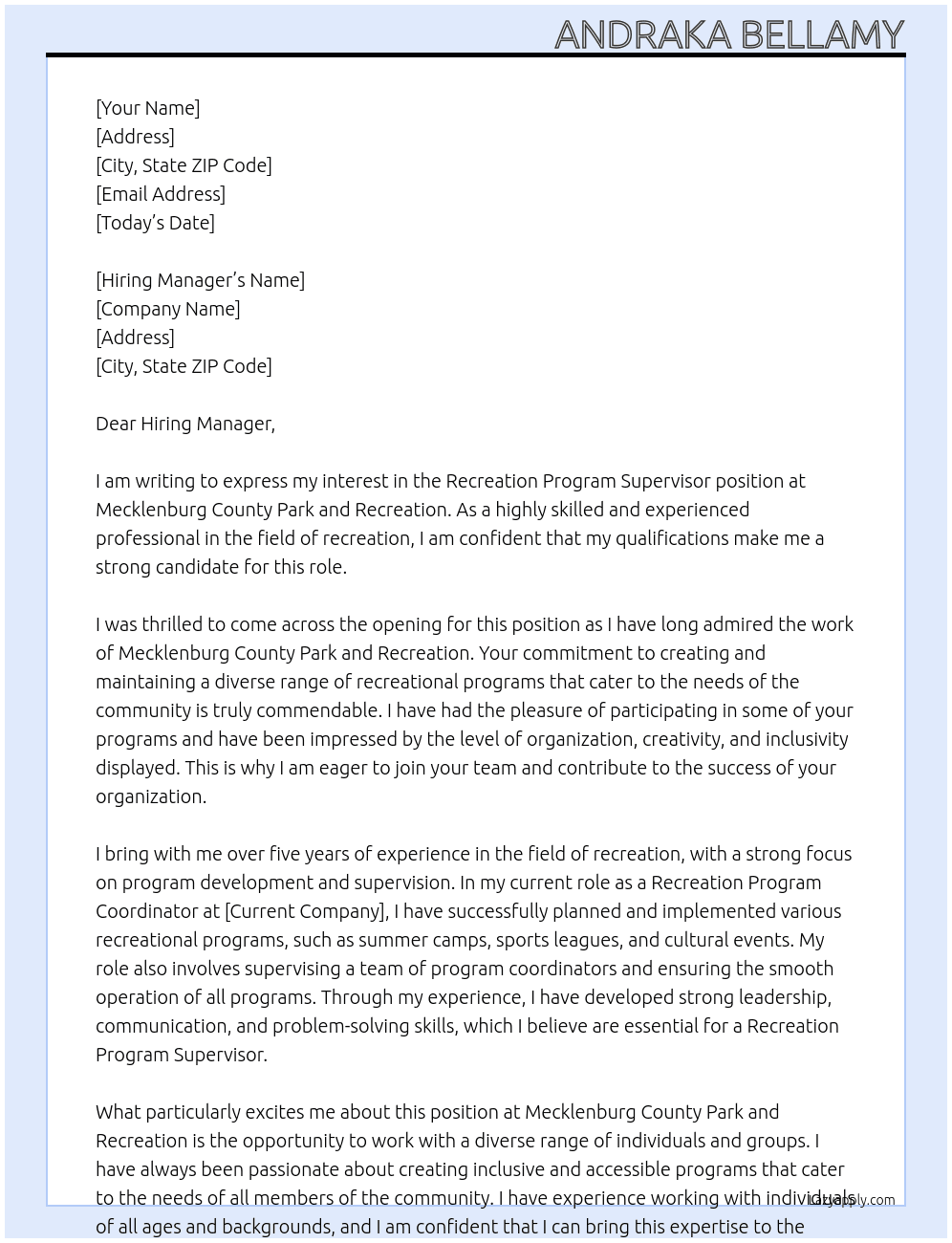 Recreation Program Supervisor At Mecklenburg County Park and Recreation Cover Letter