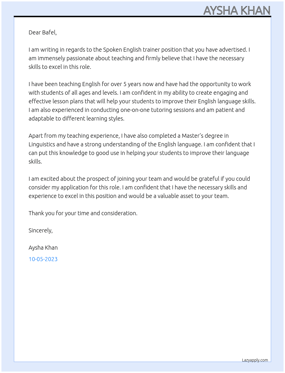 Spoken English trainer  At Bafel Cover Letter