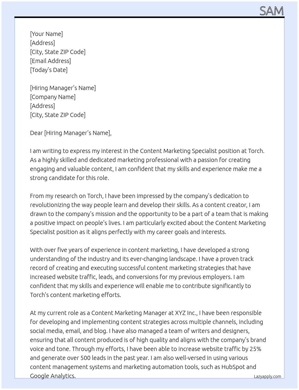 Content Marketing Specialist At Torch Cover Letter