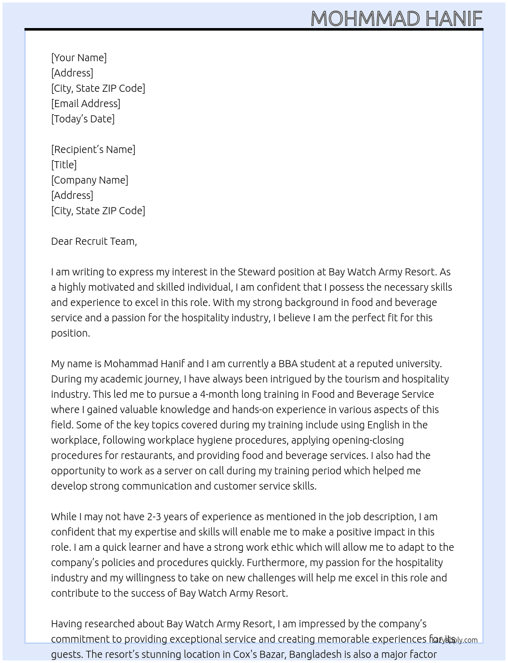 Steward At Bay Watch Army Resort Cover Letter