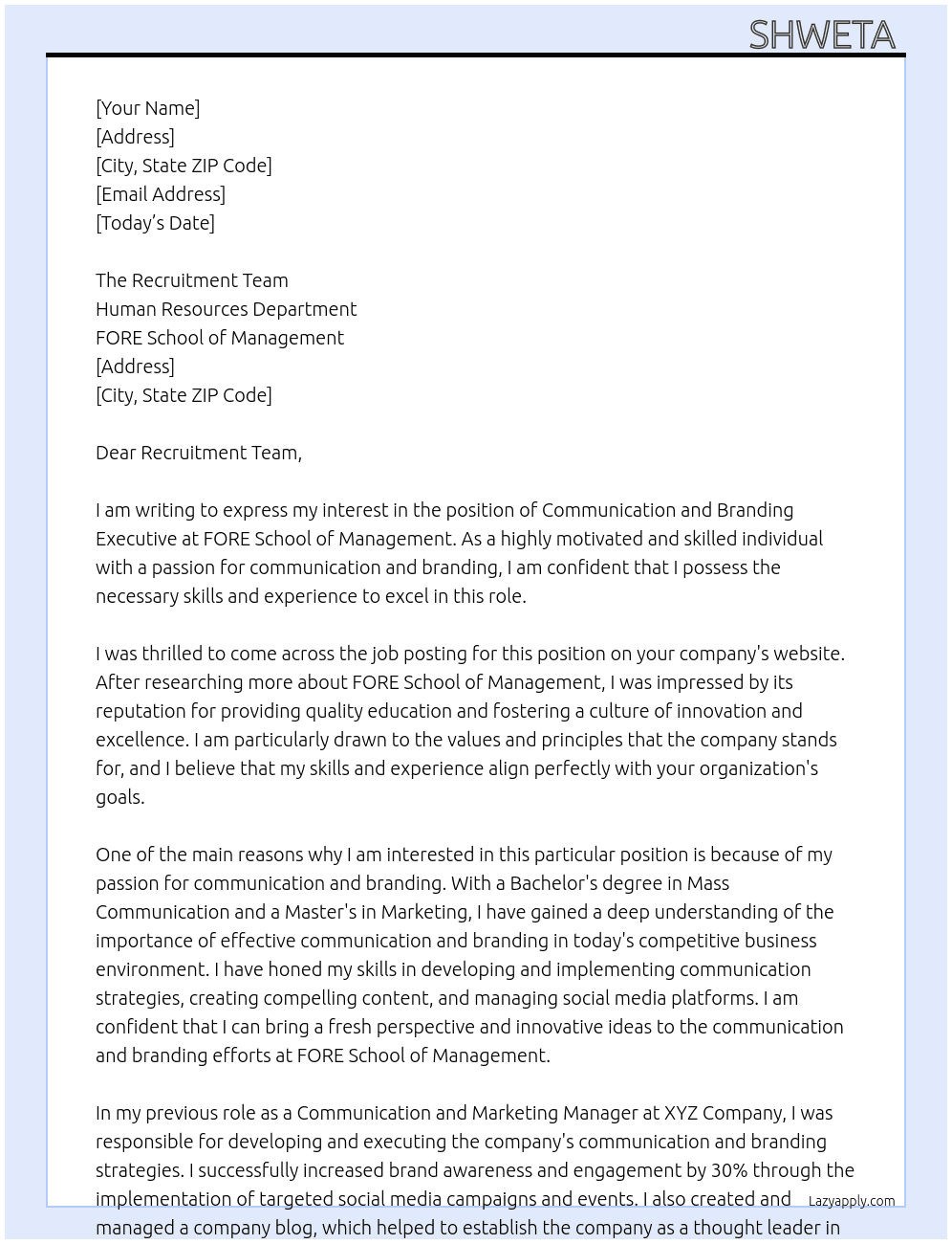 Communication and branding executive At FORE school of management  Cover Letter